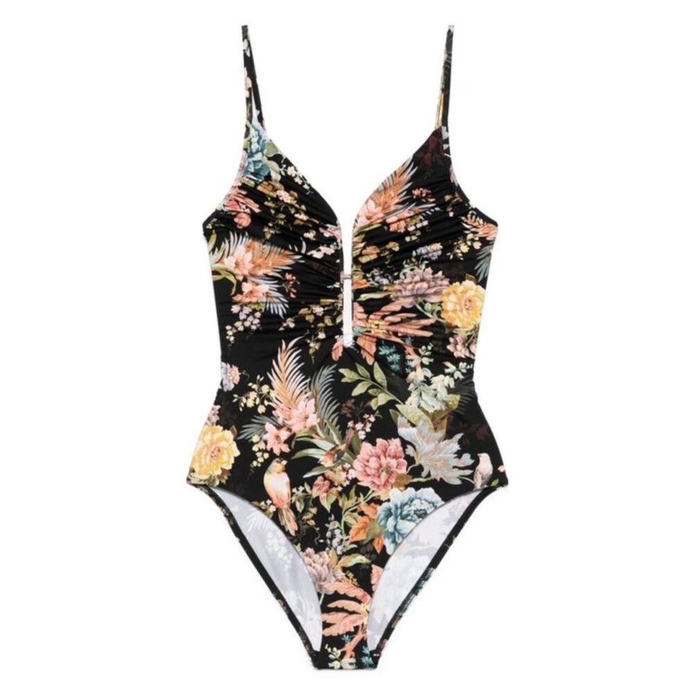 Zimmermann Women’s 2 (Med) Black Floral Tallow Gather Plunge One Piece Swimsuit